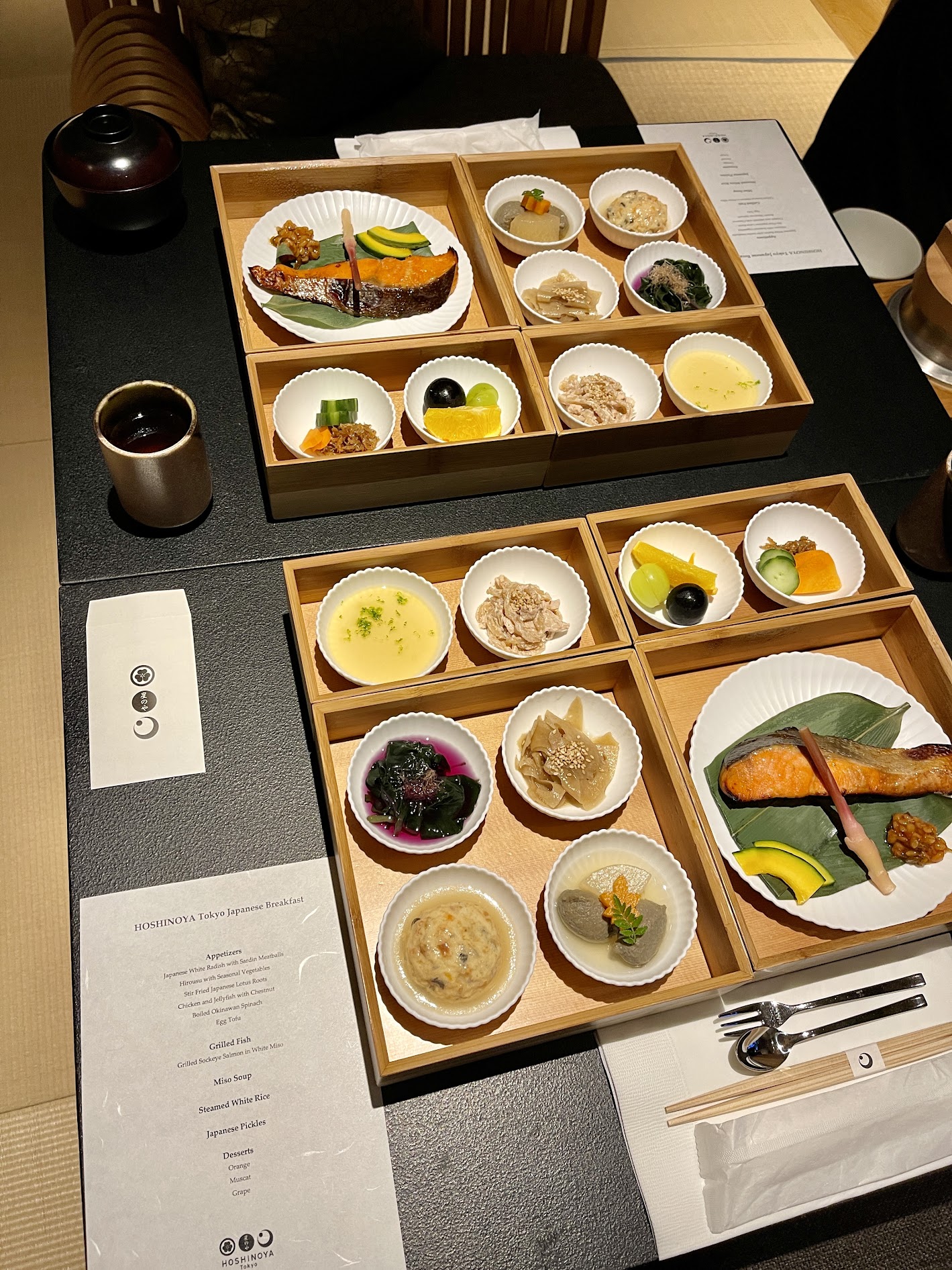 HOSHINOYA Tokyo Japanese breakfast served in stacked bamboo tiers with grilled sockeye salmon
