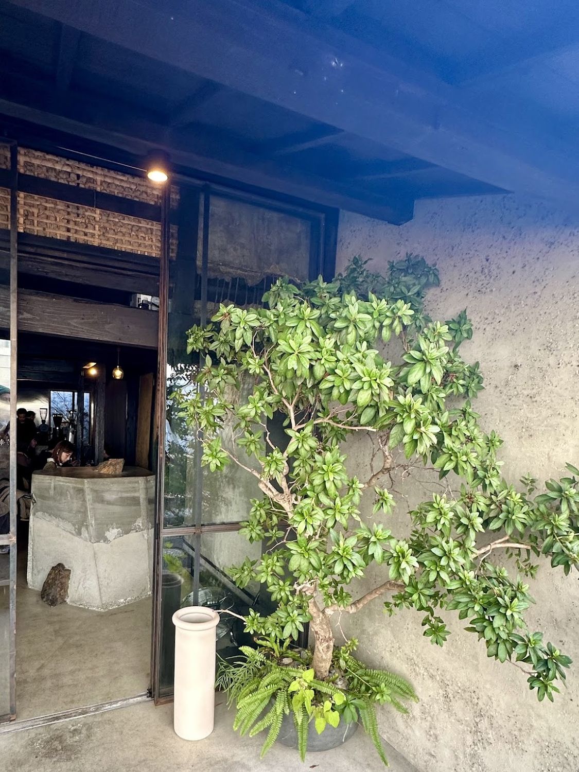 A lit teahouse doorway in Kyoto at dusk