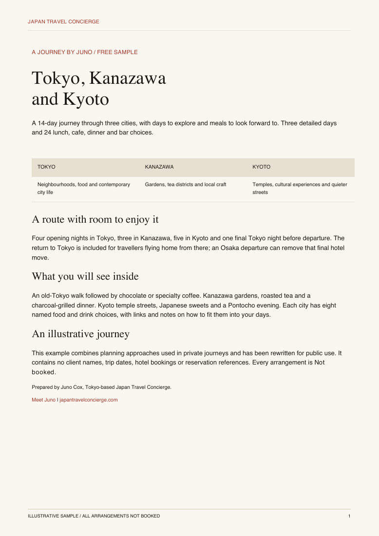 Cover of the Tokyo, Kanazawa and Kyoto sample itinerary